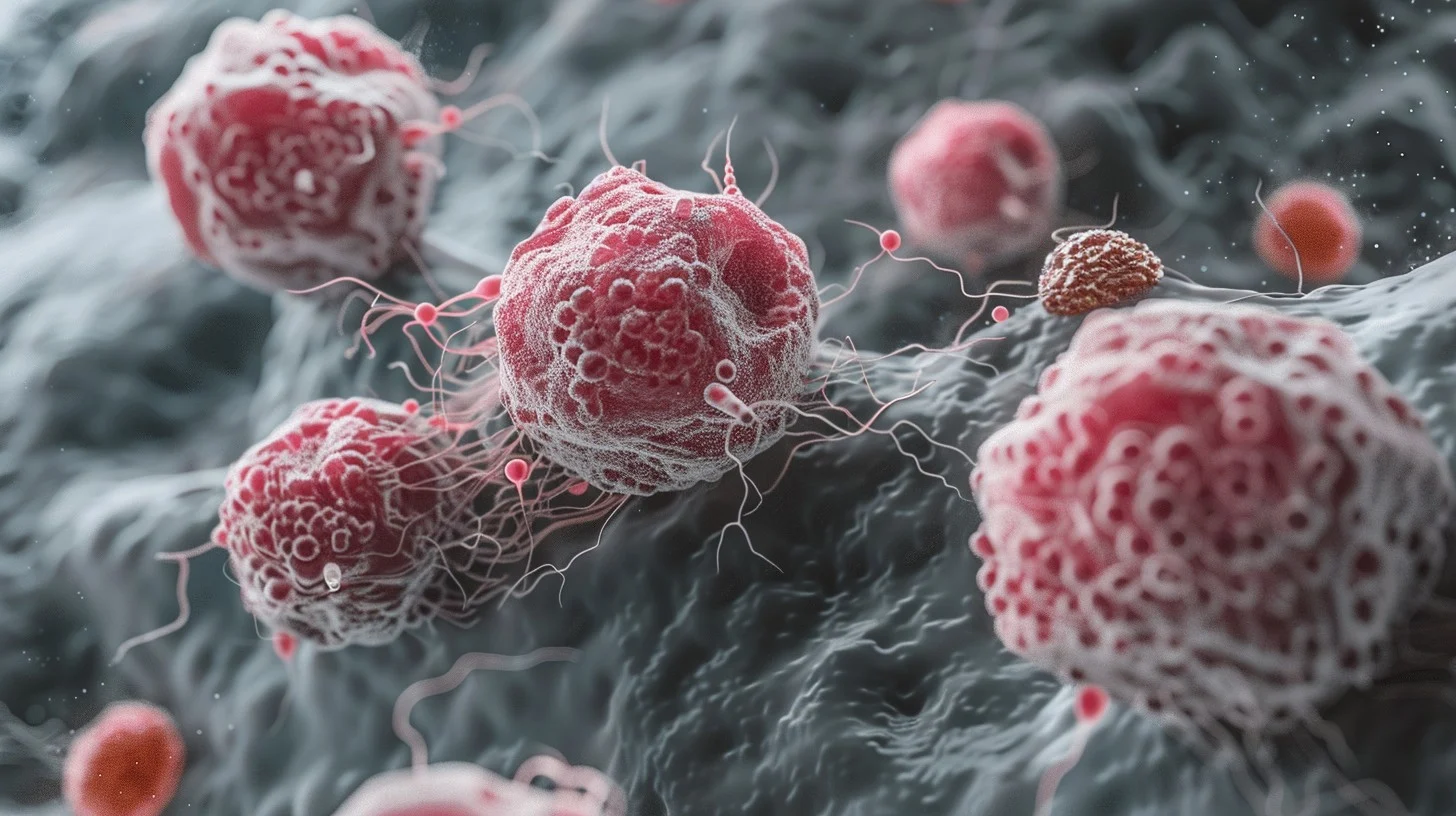This close-up image offers a microscopic view into the cellular level, revealing the presence of cancer cells. The detailed rendering exposes the irregular shapes and the textured surface of the cells, contrasting against the smooth background. Strands that appear to connect the cells hint at the complex biological interactions at play, providing valuable insight into the study of oncology and cellular biology.