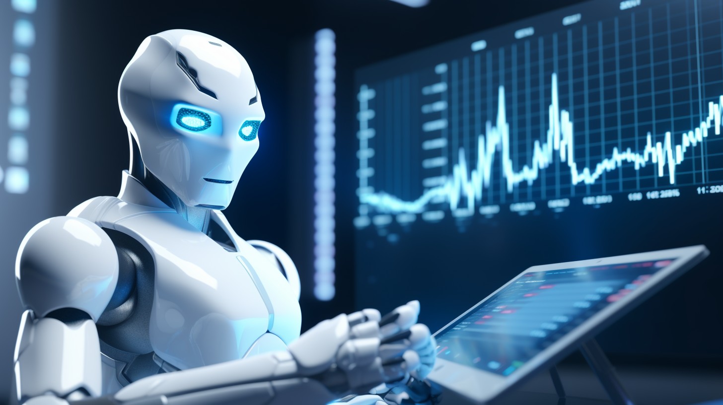 In a high-tech room illuminated by the cool glow of screen displays, an intelligent humanoid robot stands at the forefront of technology and finance. Equipped with sophisticated sensors and a visage that exudes focused determination, it meticulously reviews fluctuating financial charts on a state-of-the-art touchscreen panel. This scene encapsulates the seamless blend of artificial intelligence and human endeavor, heralding an era where machines augment and amplify the capabilities of their human creators in understanding and navigating complex data landscapes.