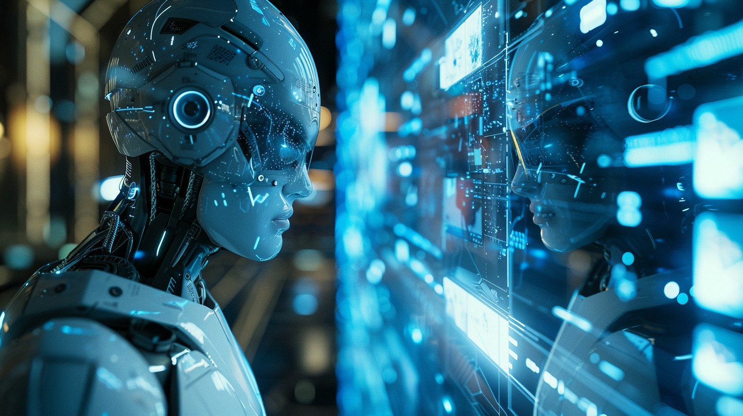 In a scene that seems to be pulled from a sci-fi movie, a futuristic robot engages with multiple luminous digital screens, displaying streams of data in a visually captivating manner. The robot, equipped with a sophisticated and detailed headpiece, represents advanced technology and artificial intelligence. Its presence in an environment brimming with digital information highlights its role in data processing and interaction, suggesting a world where technology and AI are deeply intertwined with everyday functions and systems.