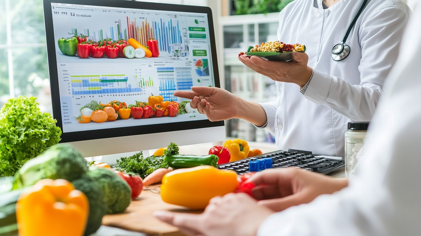 In a brightly lit office, a nutritionist dressed in a lab coat discusses dietary options while pointing to a colorful nutritional analysis chart on the computer. The desk is covered with a variety of fresh vegetables and a healthy meal, indicating the focus on incorporating fresh produce into diet plans. This setting combines technology and nutrition science to provide tailored dietary advice.