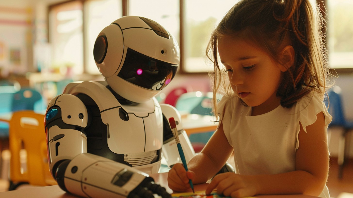 In this engaging scene, a young girl sits in a warmly lit classroom environment, focused on her drawing activity with the help of a futuristic robot. The robot, designed to assist and interact in educational tasks, observes and seemingly guides the girl, potentially evaluating her work or providing suggestions. This interaction highlights the integration of advanced technology in educational environments, aiming to enhance the learning experience and stimulate student engagement through interactive and supportive tools.