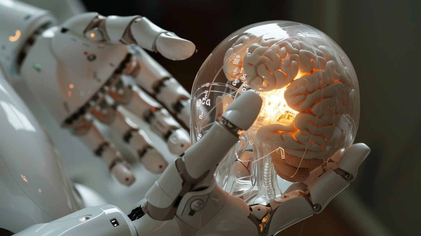 In this thought-provoking image, a robotic arm gently supports a glass model of a human brain, illuminated from within. This powerful visual metaphor highlights the intersection of artificial intelligence and human cognition, suggesting a future where machines not only replicate but also enhance our mental capabilities. The soft glow of the brain casts a warm light on the mechanical fingers, creating a captivating contrast between the organic shape of the brain and the precise, artificial construction of the robot.